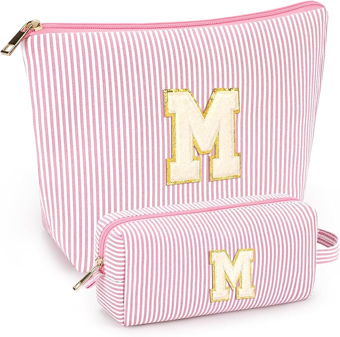 mibasies 2 PCS Initial Makeup Bags: Mothers Day Gifts for Women - Best Friend Birthday Gifts Graduation Gifts Wedding Bridesmaid Girlfriend Wife Daughter Sister Girl Gifts - Light Pink M