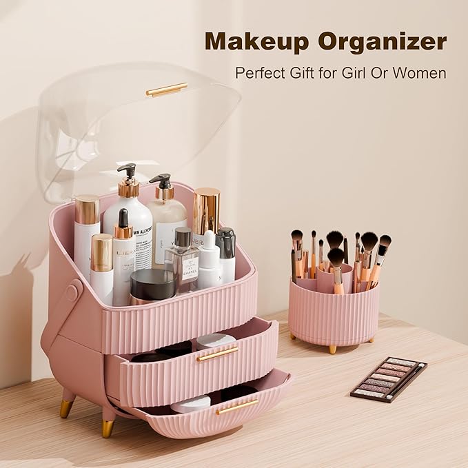 Makeup Organizers and Storage Make up Organizer for Vanity Cosmetics Skincare With Lid and Drawers Display Cases for Countertop Bathroom Women Teenager Girl Gifts(Pink+Brush Holder)