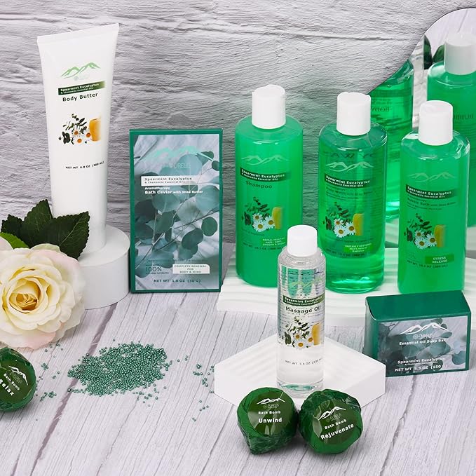 Bed Bath & Body Spa Gift Basket. Spearmint Eucalyptus Pampering XL Bath Basket for Relaxing Gift. Natural & Sulfate Free Relaxation Gift Care Package for Men & Women. Best Bath Gift Set