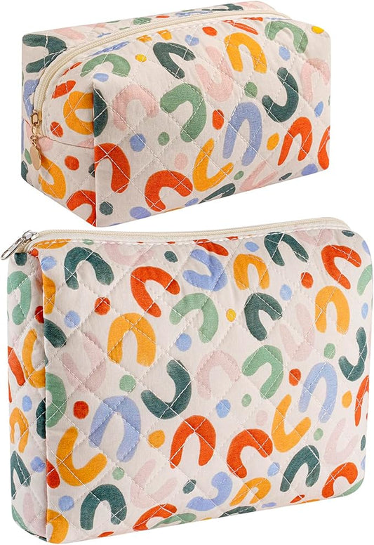 Makeup Bag Travel Cosmetic Bag for Women Girls, Zipper Make Up Pouch, Floral Flowers Toiletry Organizer Makeup, Portable Storage Bag, Cosmetic Travel Cloth Bag (2 Pack (L+S)/UU Colourful)
