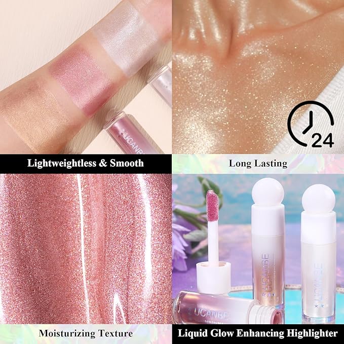 3-Pack Liquid Face Highlighter Makeup Set - Multifunctional Luminous Glow, Natural Radiance Sparkly Glitter Body Shimmer Liquid Luminizer Sticks - Suitable for Face, Eyes, Lips, and More