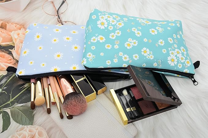 2 Pcs Cosmetic Bag for Women Small Make Up Bag Waterproof Travel Toiletries Pouch with Zipper for Organizing Small Items, Gift Bags for Birthday Christmas(Daisy Flower 2)