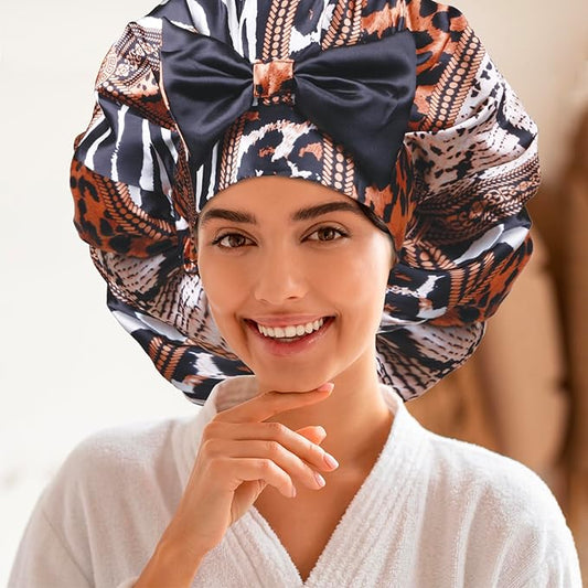 DONNA Jumbo Bow Ribbon Bonnet 1pc Satin Bonnet for Sleeping Removable Reversible Bow Ribbon for Women with Curly Hair, Crochet Hairstyles Silk Hair Accessories Shower Cap Multi Animal Pattern