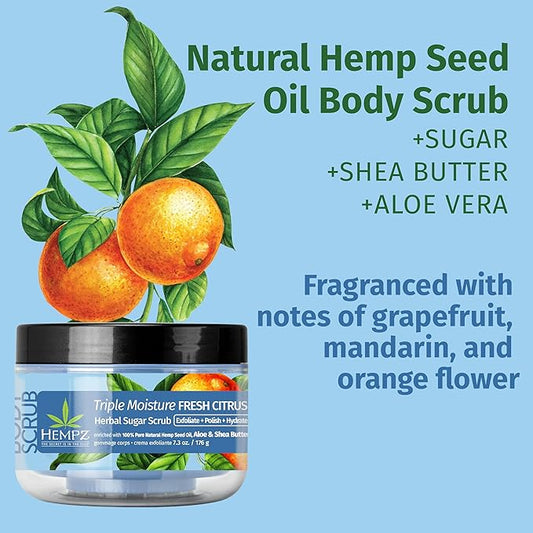 HEMPZ Triple Moisture Sugar Body Scrub - Grapefruit & Peach - All Natural Exfoliating Shea Butter, Sugar, and Salt - For Women, Men, and Teens - 7.3 fl oz