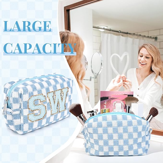6 Pcs Preppy Makeup Bag Bulk Checkered Cosmetic Bag Light blue Makeup Pouch Personalize Travel Toiletry Bag Organizer Cute DIY Makeup Brushes Storage Bag for Women