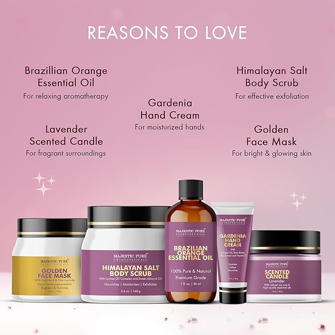 Majestic Pure Mothers Day Gift Set set of 5- (Brazilian Orange oil 1oz, Scented Candle - 50g, Gardenia Hand Cream - 20g, Himalayan Salt Body Scrub - 160g, Gold Face Mask - 100g)