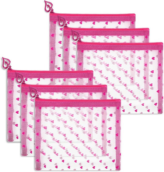 6 Pack Mini Zipper Mesh Makeup Bags, Heart Print Nylon Cosmetic Bags Toiletry Bags for Office Travel Organization (Hot Pink, S)