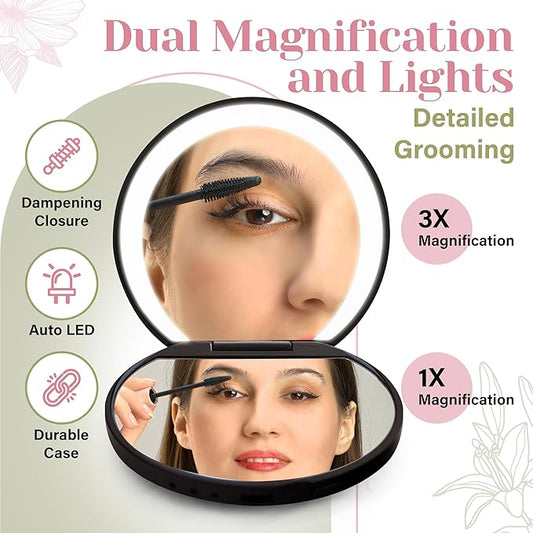 BoldAct Compact Mirror with Light 1X/3X Magnification LED Travel Makeup Mirror with Power Bank Rechargeable, Dimmable Lighted Portable Makeup Mirror for Purse 2 Sided Folding Mirror Green