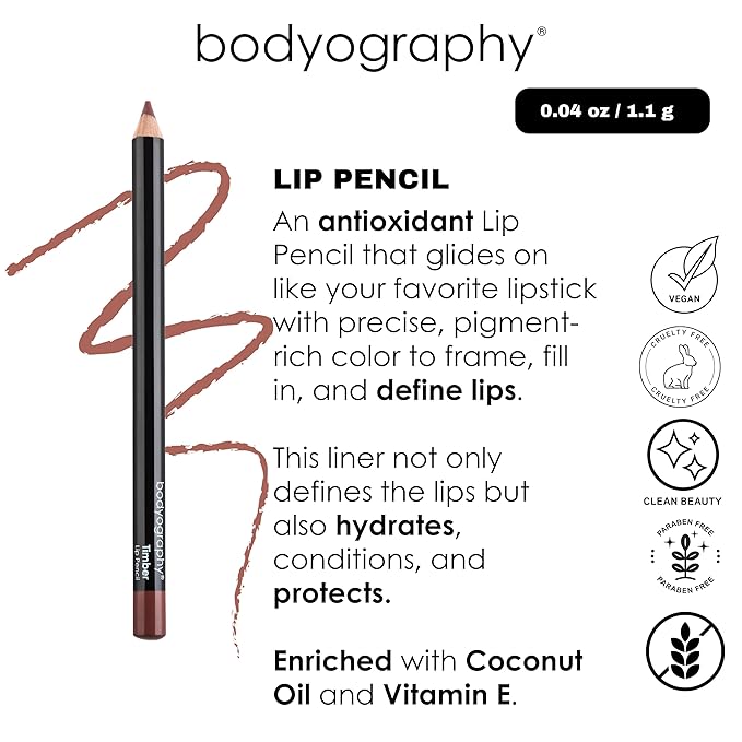 Bodyography Rosewood Lip Pencil | Wooden Lip Liner Pencil with Coconut Oil, Vitamin E & C | Long-Lasting, Matte Liner for Definition & Color | Makeup Essential for Smooth Lip Contour