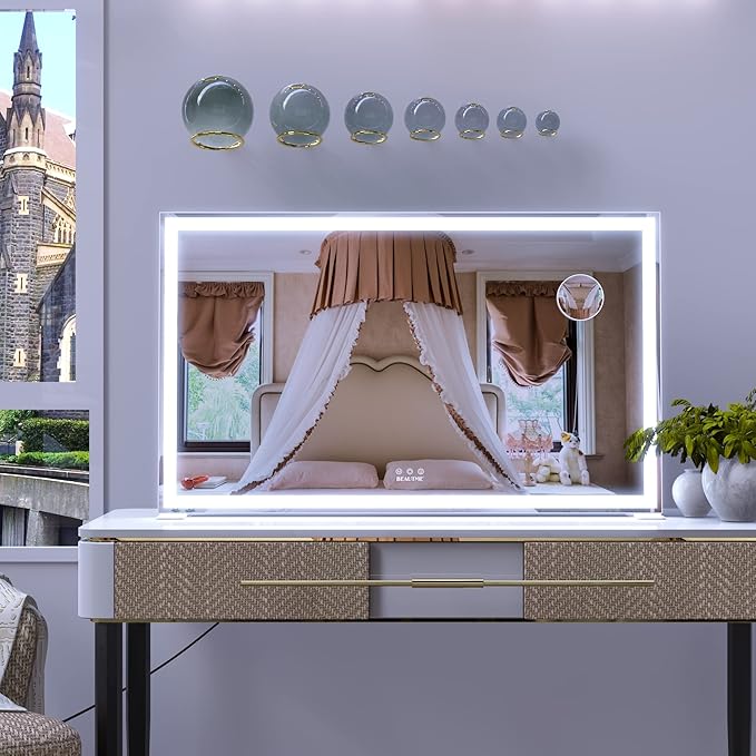 BEAUTME Large Vanity Mirror with Lights 40x24 inch,Lighted Makeup Mirror with Lights fo Bedroom/Dressing Table/Bathroom,Light Up/Aluminum Frame White (Horizontal/Vertical)