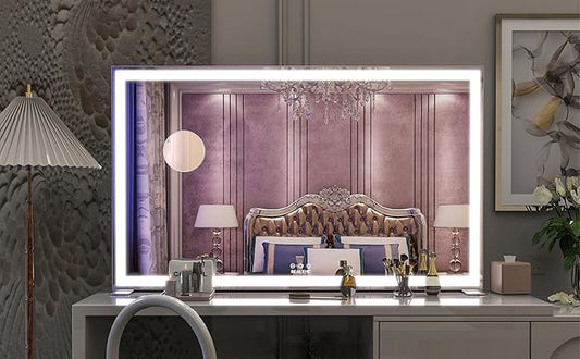 ANYHI Extra Large Vanity Mirror with LED Light, 40"x24.3" Big Size Lighted Vanity Mirror with 10X Magnifying, Tabletop/Wall Mounted, 3 Color Modes, Silver