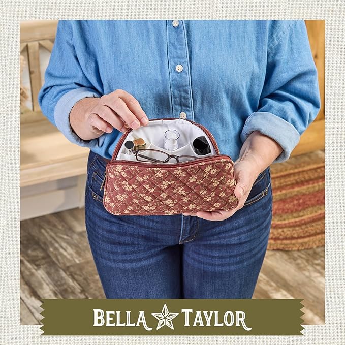 Bella Taylor Large Makeup Pouch for Women | Quilted Cotton Cosmetic Bag for Travel and Organization | Burgundy Floral