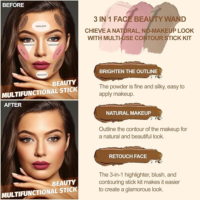 Lezero 3Pcs Contour Stick Makeup Kit, Shades with Highlighter, Blush and Bronzer Trio for Sculpt the Cheeks and Body, Long Lasting, Waterproof, Dewy & Matte Finish, LIGHT MEDIUM (02,05,06)