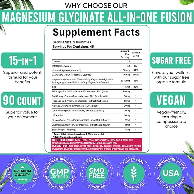 Adndale 90ct 15-in-1 Magnesium Glycinate Gummies 400 mg/serv- with Magnesium Malate, Ashwagandha, Tart Cherry, Magnolia Bark, Lemon Balm, Passionflower, Chamomile, L-Theanine, Zinc, Vitamin K2 & D3