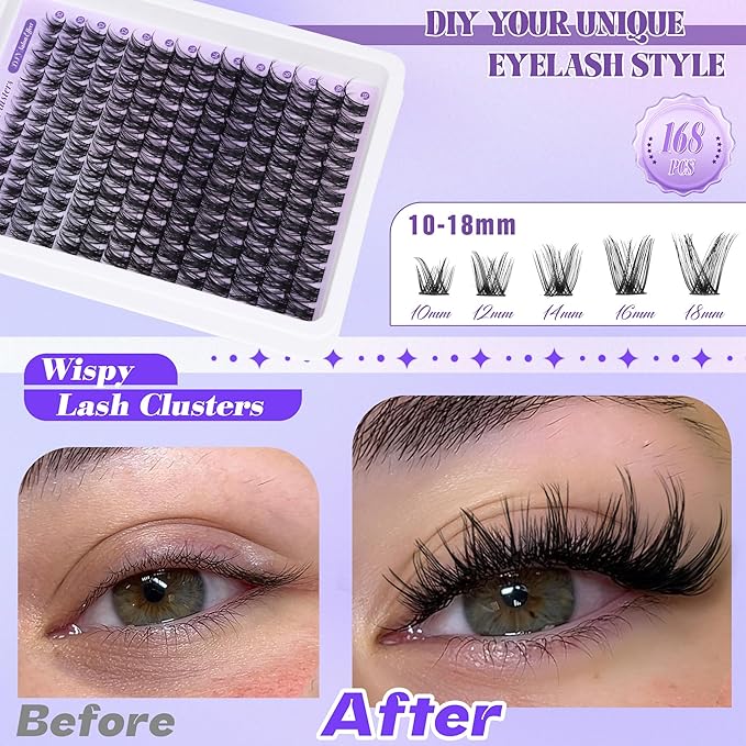 ALICE Lash Clsusters Kit Wispy Eyelash Clusters Kit Cluster 10-18mm Natural Eyelash Extension Kit 168pcs Thin Band Individual Lashes Kit with Lash Glue Bond and Seal DIY at Home