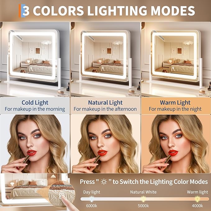 19.6"x15.7" Vanity Mirror with Lights, Large Lighted Mirror, LED Makeup Mirror with 3-Color Dimmable Modes and Smart Touch Control, Perfect for Desk or Bedroom, Vanity Desk Tabletop Makeup, White