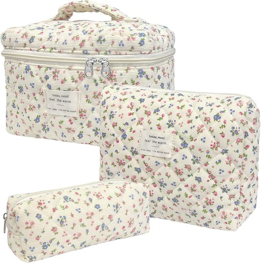 3 Piece Floral Corduroy Quilted Makeup Bag Set, Large Capacity Travel Makeup Bags for Women and Girls, Includes Small, Medium, and Large aesthetic makeup&Cosmetic Bags