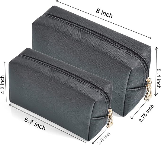 2pcc set PU Leather Cosmetic Bag for Women Minimalism Makeup Bag for Daily Use Portable Storage Purse Small Neat Cosmetic Pouch Water-resistant Toiletry Bag for Travel (Black)