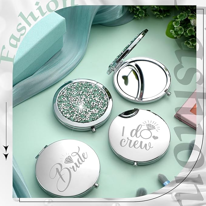 Barydat 10 Pieces Bridesmaid Gifts Set Magnifying Compact Mirror Bride I Do Crew Bridesmaid Proposal Gifts Travel Small Mirror for Purse Makeup Pocket Mirror for Women Wedding Party(Green)