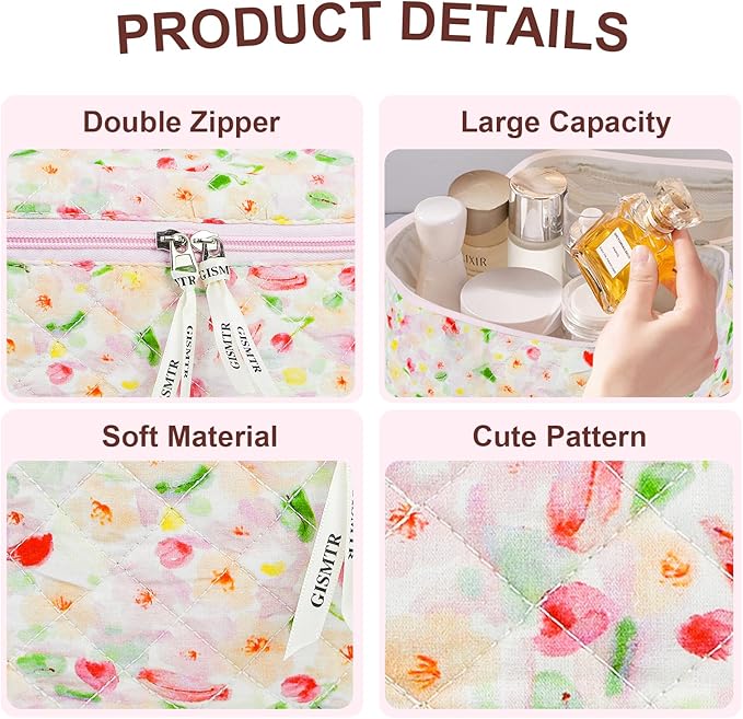4Pcs Quilted Makeup Bag Set Cute Floral Cosmetic Bag Cotton Coquette Make up Bag Aesthetic Travel Toiletry Bag for Women Girls