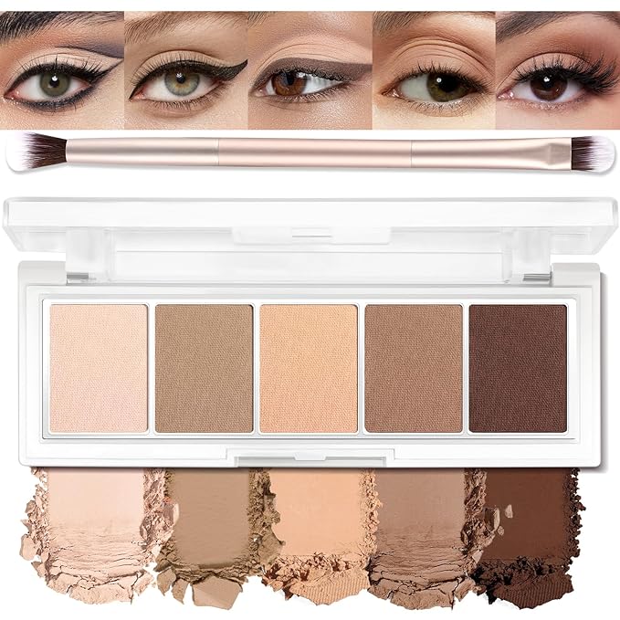 5 Colors Matte Eyeshadow Palette with Brush - Neutral Nude Taupe Brown Eye Shadow Palette Makeup, Natural Waterproof Cool-Toned Eyeshadow for Green & Blue & Brown Eyes and Smokey Makeup, 01#