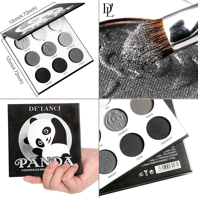 Afflano DL Gray Eyeshadow Palette Grey Black White Silver, Blendable Smokey Eye Eyeshadow for SFX Skull Goth Look Halloween Makeup Palette, Long Lasting Dark Eye Shadow Pallet - Panda