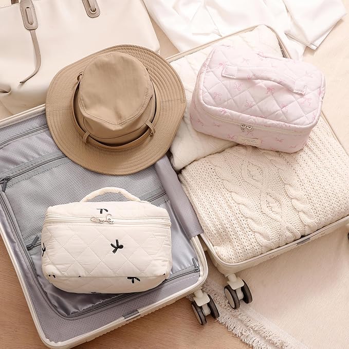 3pcs Large Cotton Quilted Makeup Bag Set,Coquette Aesthetic Cute Travel Toiletry Bag,Drawstring Gift Bag for Women and Girls(3Pcs Beige Bow)