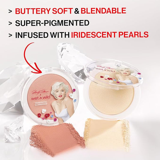 wet n wild Marilyn Monroe Icon Highlighter, Ultra-Reflective Luminous Powder, Buildable Glow with Iridescent Pearls, Includes Sponge, Cruelty-Free – Peachy Pink