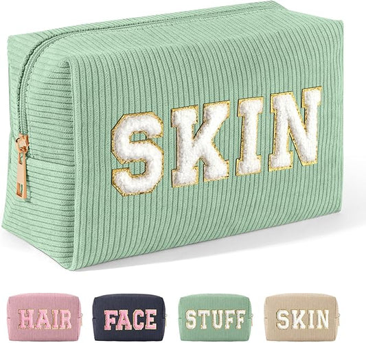 MAGEFY Small Makeup Bag for Purse Portable Makeup Pouch with Compartments Corduroy Make up Bag for Women Travel Cosmetic Essential (Green, SKIN)