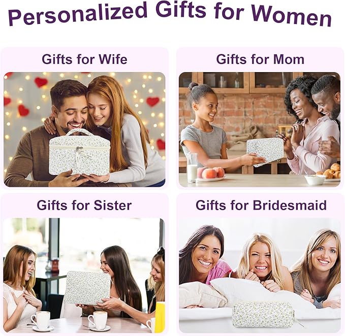 4Pcs Quilted Makeup Bag Set Cute Floral Cosmetic Bag Cotton Coquette Make up Bag Aesthetic Travel Toiletry Bag for Women Girls