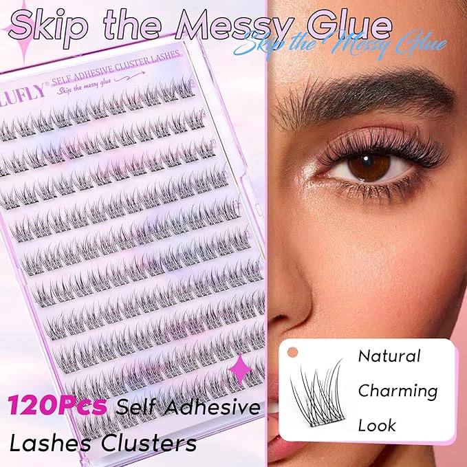 Self Adhesive Lash Clusters Natural No Glue Individual Lashes Wispy Self Adhesive Eyelash Clusters with Clear Strips DIY Eyelash Extensions(10-12MM)