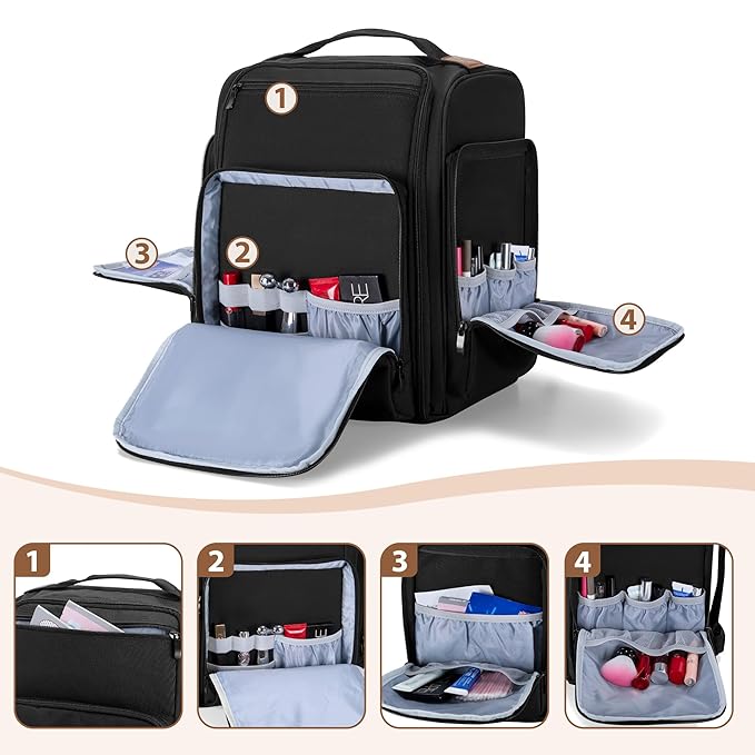 BAFASO Makeup Backpack with 4 Removable Pouches & 1 Brush Bag, Travel Makeup Case with Multiple Storage Spaces for Hair Supplies, Black
