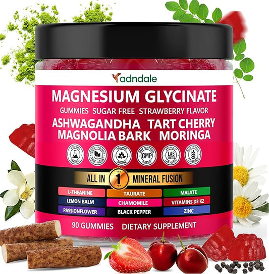 Adndale 90ct 15-in-1 Magnesium Glycinate Gummies 400 mg/serv- with Magnesium Malate, Ashwagandha, Tart Cherry, Magnolia Bark, Lemon Balm, Passionflower, Chamomile, L-Theanine, Zinc, Vitamin K2 & D3
