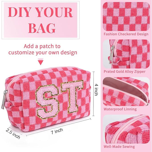 6 Pcs Preppy Makeup Bag Bulk Checkered Cosmetic Bag Pink Makeup Pouch Personalize Travel Toiletry Bag Organizer Cute DIY Makeup Brushes Storage Bag for Women
