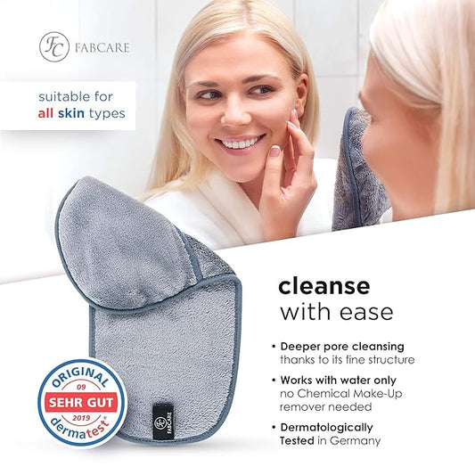 FABCARE Makeup Remover Cloth Microfibre (4 Pieces) - DERMATEST Very Good - Washable up to 95°C - Integrated Removal Glove for Face - Reusable and Washable Microfibre Cloths for Skincare