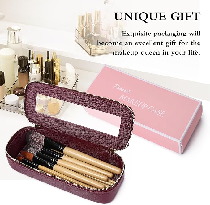 Makeup Brush Case Clear Travel Cosmetic & Toiletry Bag Small Makeup Bag with Zipper Purse Organizer Car Essential Bag for Women (X/Burgundy, SLIM)