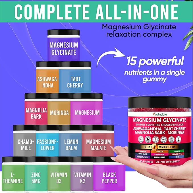 Adndale 90ct 15-in-1 Magnesium Glycinate Gummies 400 mg/serv- with Magnesium Malate, Ashwagandha, Tart Cherry, Magnolia Bark, Lemon Balm, Passionflower, Chamomile, L-Theanine, Zinc, Vitamin K2 & D3