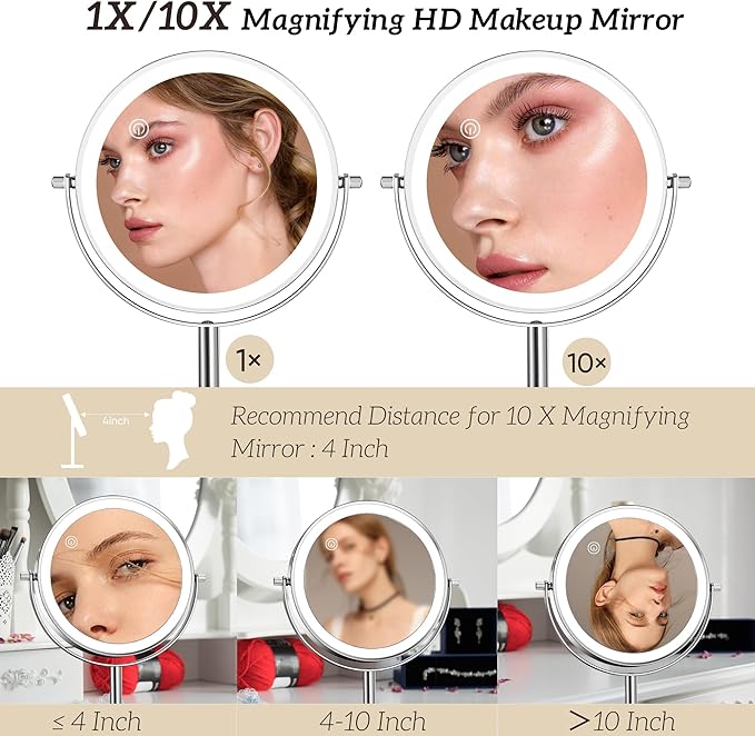 10X Lighted Makeup Mirror with Magnification 8" Stand Up Double Sided Magnifying Mirror with Lights 3 Color Brightness Adjustable Table Light up Mirror 360°Swivel Rechargable Light up Mirror