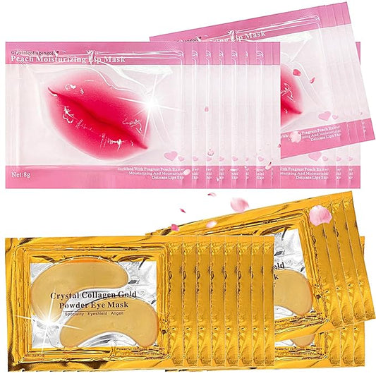 30 Pairs Lip Masks & 24K Gold Gel Eye Masks, Under Eye Collagen Patches and Crystal Gel Lip Masks Collagen Under Eye Mask for Dark Circles Puffiness and Wrinkles