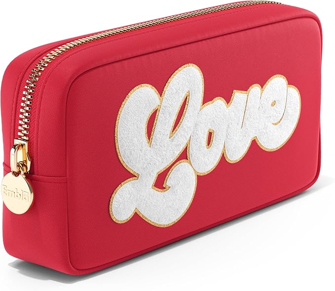 LOVE Valentine Makeup Bag Travel Cosmetics Pouch and Toiletry Bag, Nylon Zipper Pouch Purse, Cute Make Up Organizer Storage Tote for Women Girls, Waterproof Travel Skincare Case, Small Makeup Bags, Ruby