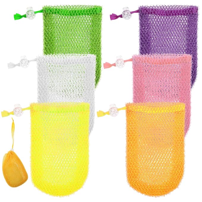 6 Pack Soap Bags for Soap Bars, Reusable Mesh Soap Saver Bag Hangable Bar Soap Pouch Exfoliating Soap Bag Mesh Bar Soap Loofah Holder Pouch Bubble Foam Net Shower Body Facial Cleaning