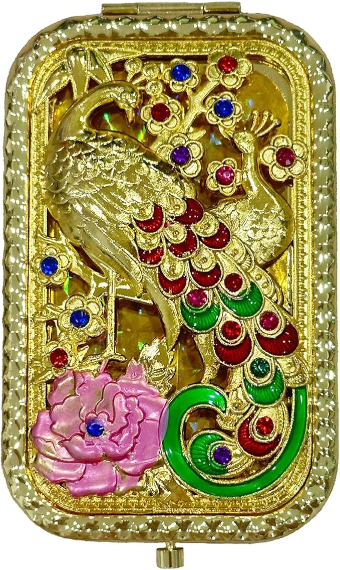 1PC Vintage Peacock with Long Tail Pattern Cosmetic Makeup Pocket Purse Magnification Jewel Mirror （Rectangle）
