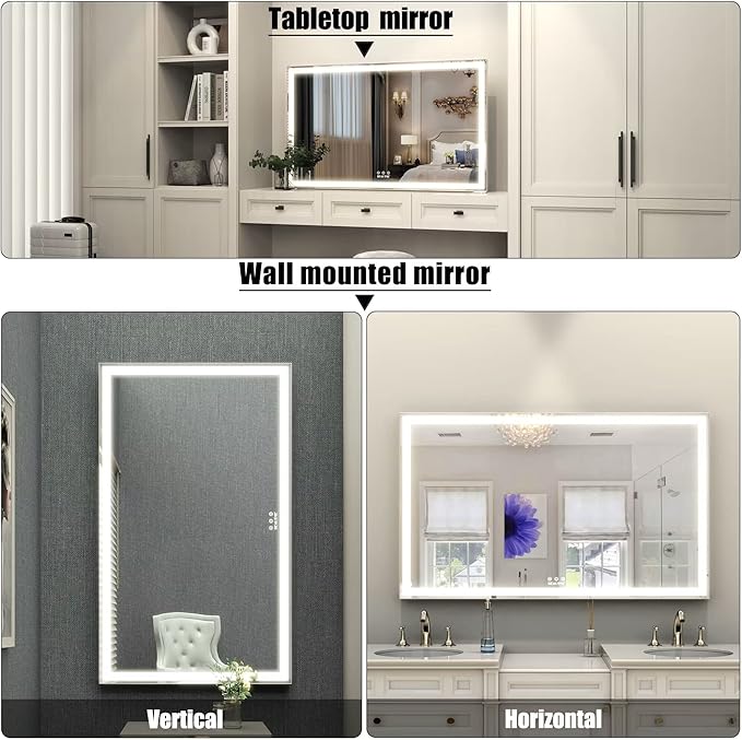 ANYHI Extra Large Vanity Mirror with LED Light, 40"x24.3" Big Size Lighted Vanity Mirror with 10X Magnifying, Tabletop/Wall Mounted, 3 Color Modes, Silver