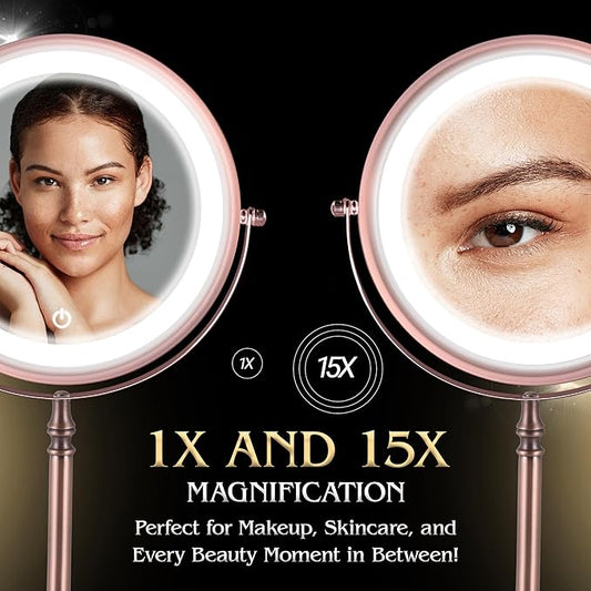 MIRRORVANA Lighted Make Up Mirror with 15X Magnification - 15X & 1X Double Sided LED Makeup Mirror with 3 Lighting Modes, Rechargeable Battery with USB Cable - 8" Wide & 15" Tall (Antique Bronze)