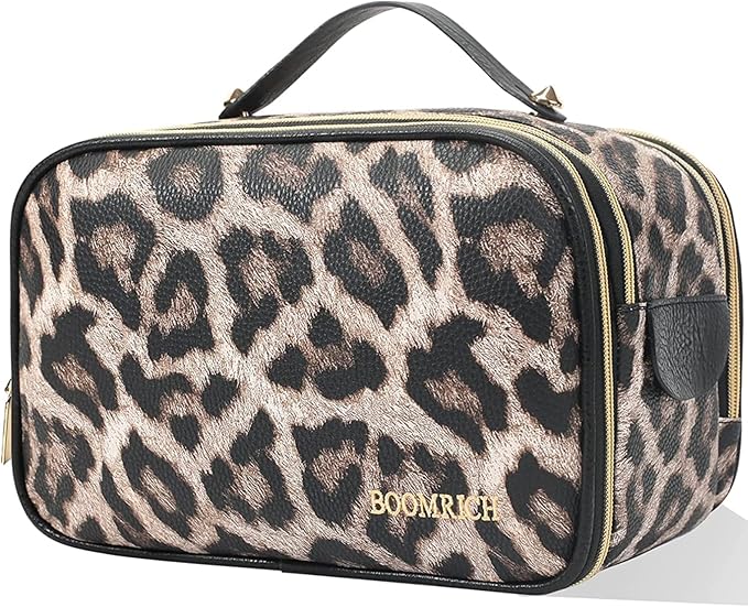 BOOMRICH Large Travel Makeup Bag, Cosmetic Bag, Toiletry Bag for Women, Water-Resistant Leather Toiletry Organizer, Dopp Kit for Toiletries Accessories, Leopard