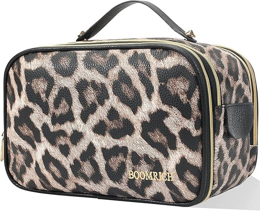 BOOMRICH Large Travel Makeup Bag, Cosmetic Bag, Toiletry Bag for Women, Water-Resistant Leather Toiletry Organizer, Dopp Kit for Toiletries Accessories, Leopard