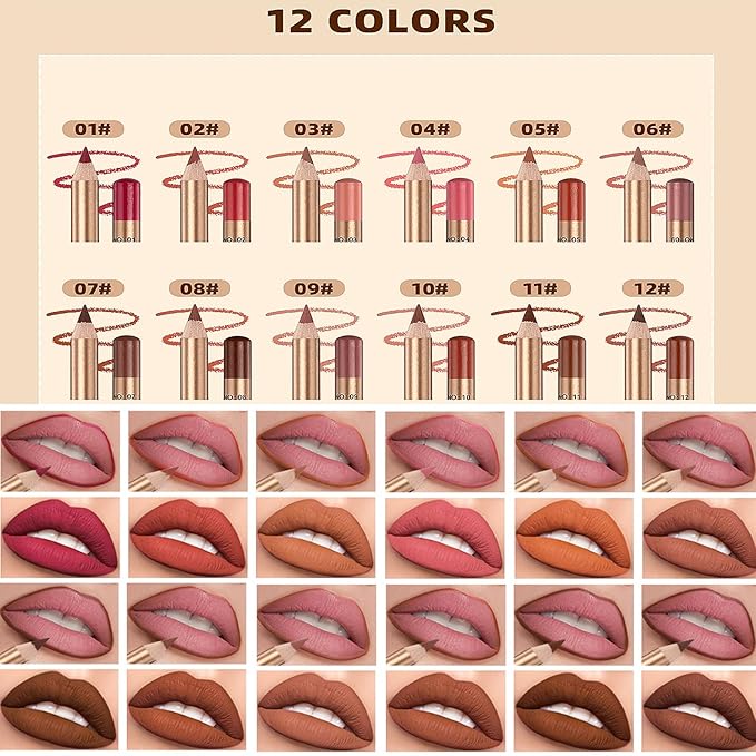 12 Colors Lip Liner Set, Brown Pink Red Series Lip Liners, Plump Nude Lip Shape No Smudge Longwear Smooth Lip Pen Waterproof Lipstick High Pigmented Natural Lip Makeup Pencil