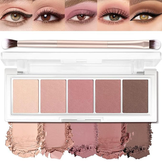 5 Colors Matte Eyeshadow Palette with Brush - Neutral Nude Brown Mauve Pink Eye Shadow Palette Makeup, Natural Waterproof Cool-Toned Eyeshadow for Green & Blue & Brown Eyes and Smokey Makeup, 04#