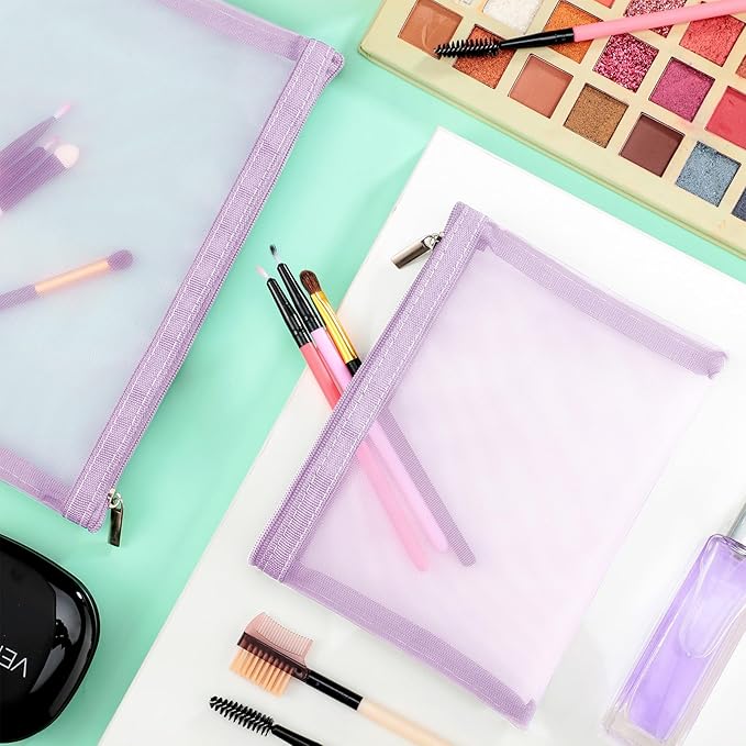 Boao 6 Pieces Mesh Makeup Bags Mesh Cosmetic Bag Portable Travel Organizing Zipper Pouch Toiletries Makeup Pouches for Home Office Travel Accessories (Light Purple)