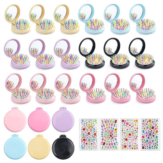 6 Colors Folding Mirror Hairbrush, 2 in 1 Compact Pocket Mirror Comb with DIY Stickers, Round Mini Pocket Makeup Mirror for Travel Women Girls (24 Pcs)